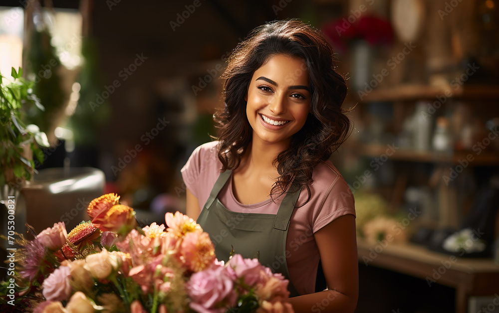 Picture of beautiful indian woman florist while working.