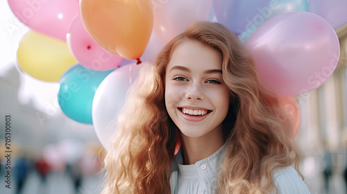 blonde teen in the theme park with balloons
