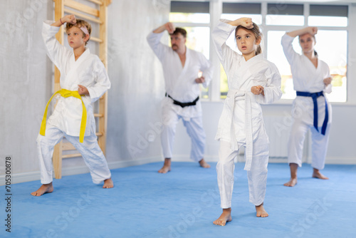 Kata karate teacher conducts classes and performs movements and fighting techniques together with active family students to prepare them for competitions.
