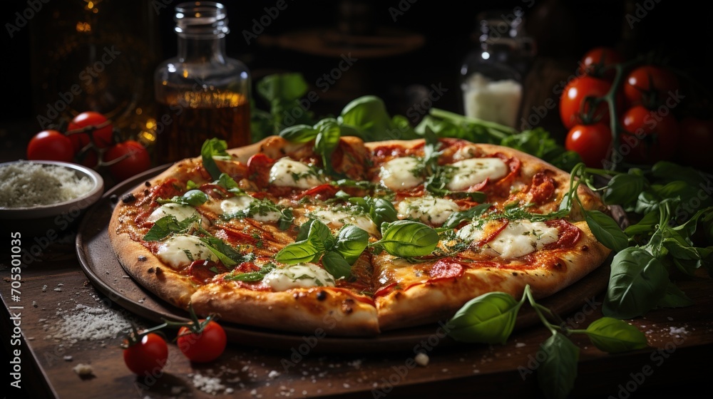 A delicious pizza with basil, tomatoes and cheese A delicious pizza with basil, tomatoes and cheese