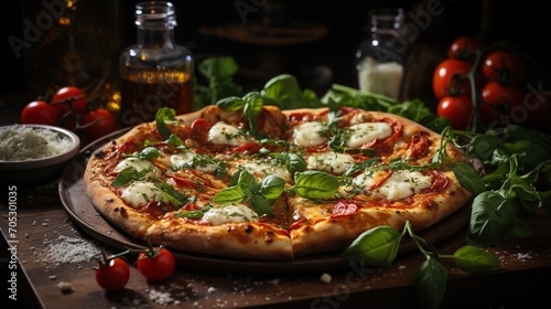 A delicious pizza with basil, tomatoes and cheese