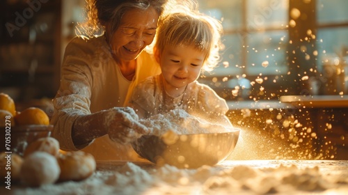 A grandmother twirls her grandchild in a sun-drenched kitchen, flour dusting their faces like confetti. Concept of joy and happiness