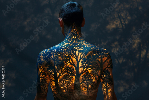 Body painting of a forest at sunset, male model, intricate trees and glowing horizon across back and arms