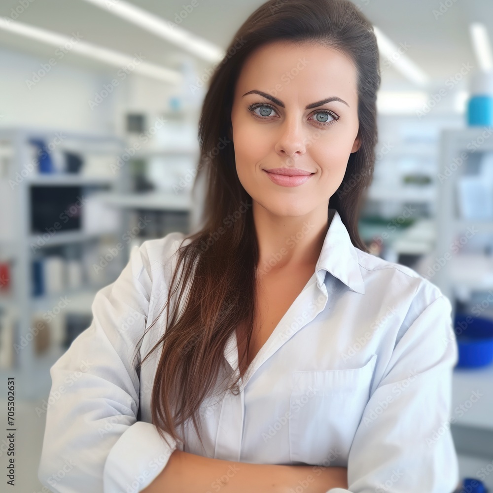 portrait of a female scientist in a white lab coat