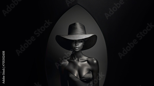 Beauty in Monochrome with a Stylish Wide-Brimmed Hat and Geometric Backdrop
