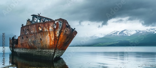 Shipwreck known as Ambassador, an rusty warship wreck, located on the coast of Magellan Strait in Tierra Del Fuego, Chile.