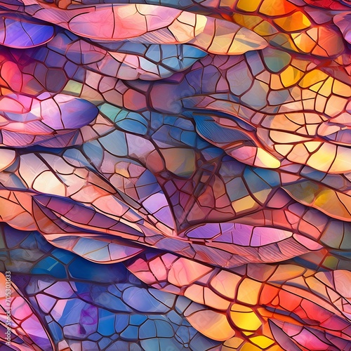 Mosaic-like shades of sunset. Tileable wallpaper, repeating seamless texture, pattern, crystal dragonfly wings, macro photography, ray tracing, unreal engine, delicate, eligant, subtle © barns