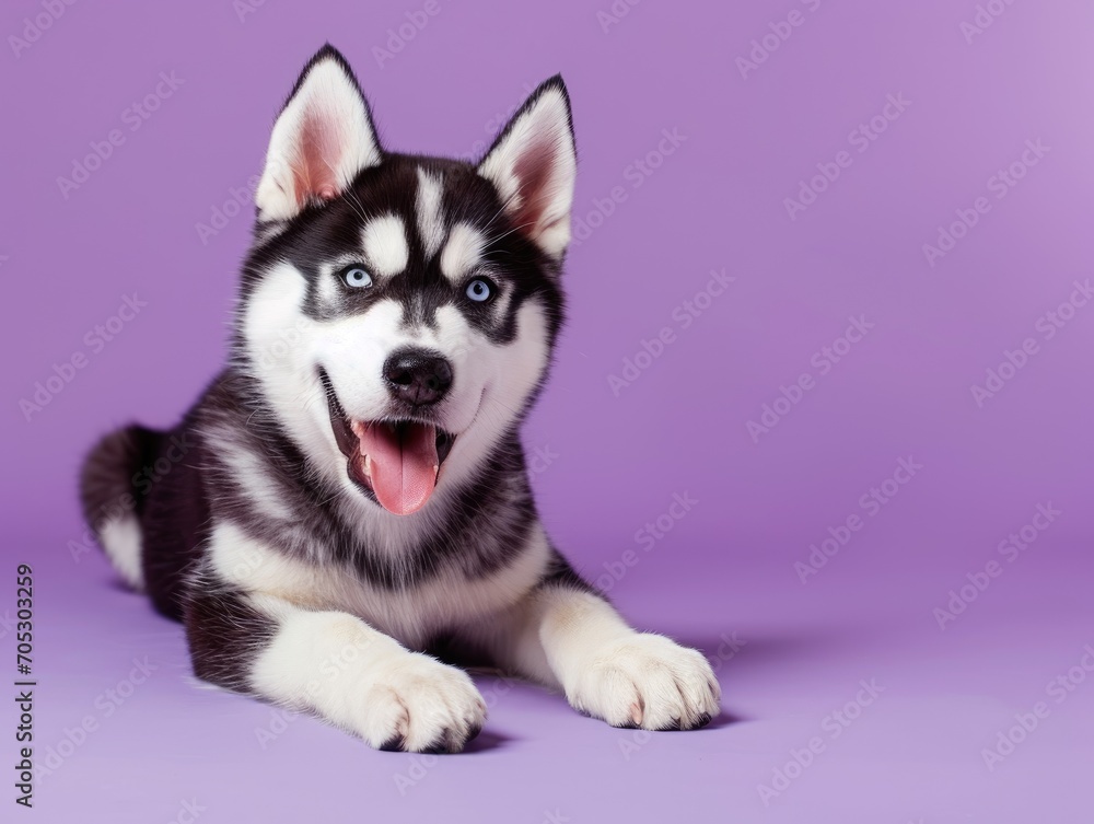 Fototapeta premium Cute husky dog ​​on purple background