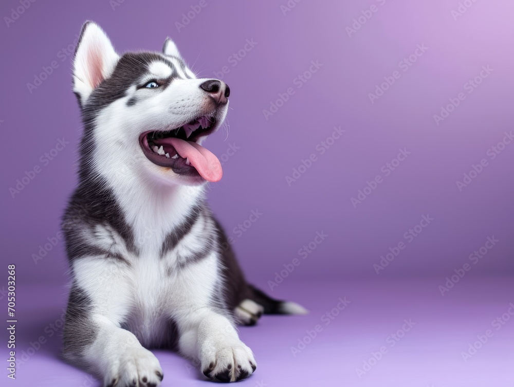 Obraz premium Cute husky dog ​​on purple background
