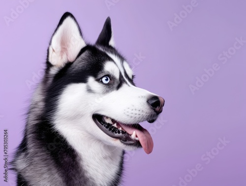Cute husky dog ​​on purple background