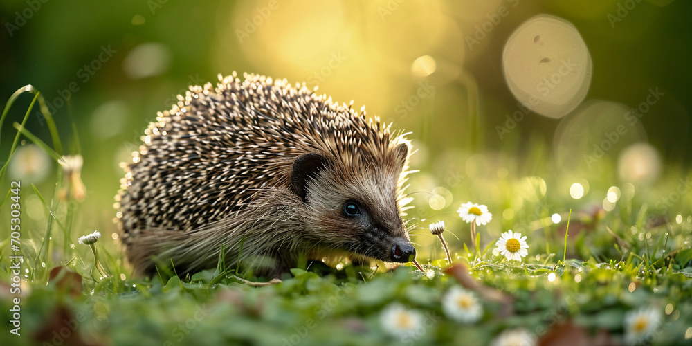 European hedgehog, foraging in an English garden at dusk, surrounded by dewy grass and small daisies European hedgehog, foraging in an English garden at dusk, surrounded by dewy grass and small daisies