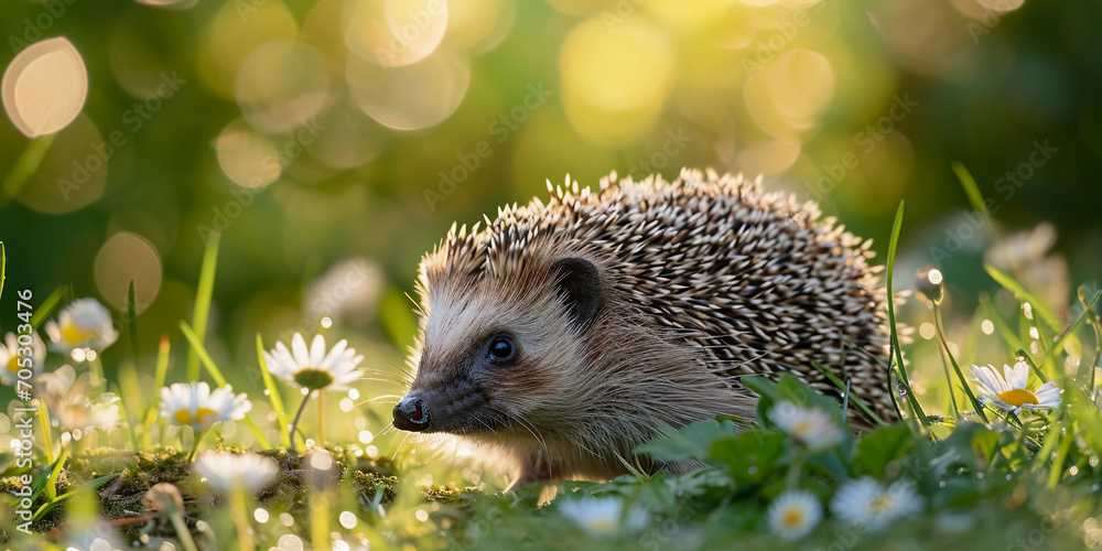 European hedgehog, foraging in an English garden at dusk, surrounded by dewy grass and small daisies European hedgehog, foraging in an English garden at dusk, surrounded by dewy grass and small daisies