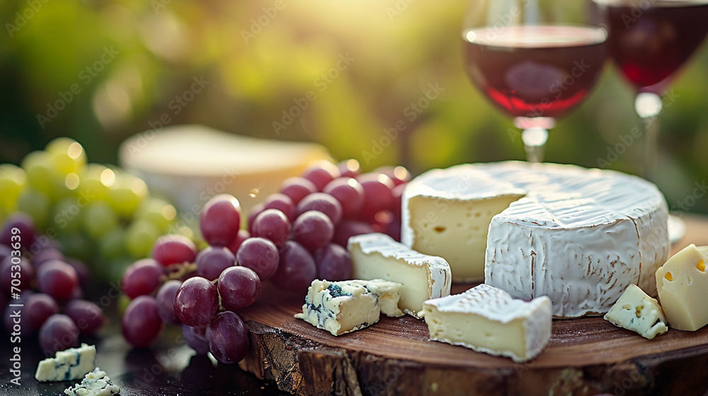 artisan cheeses, Camembert, Gouda, and Blue, on a rustic wooden board, accented with grapes and a glass of red wine