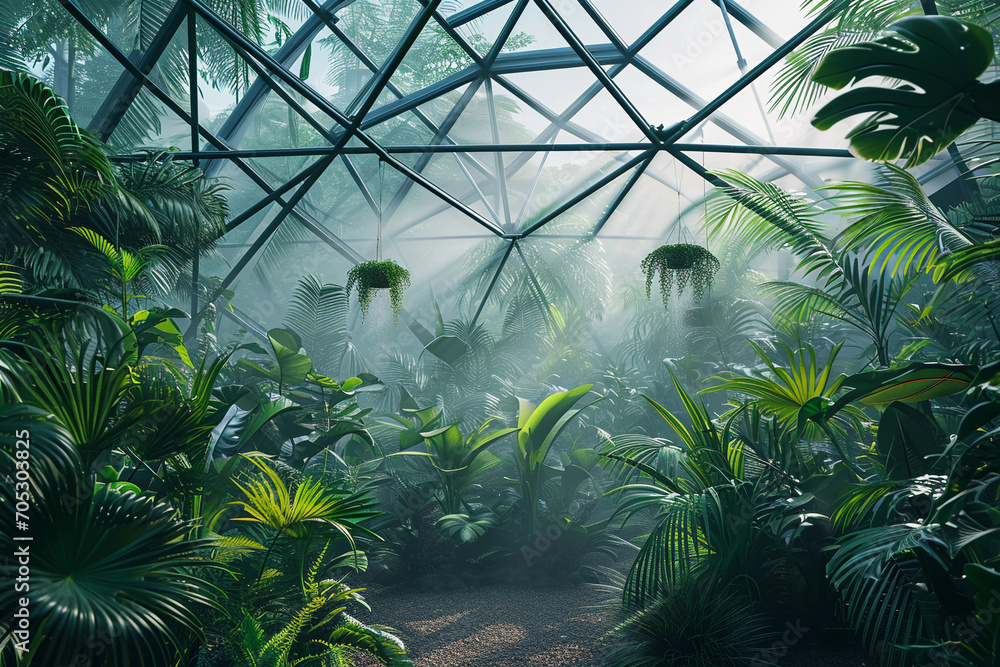 geodesic dome greenhouse, lush tropical plants inside, hanging misters
