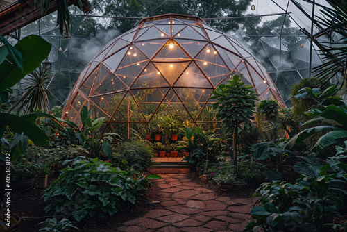 geodesic dome greenhouse  lush tropical plants inside  hanging misters creating a humid atmosphere