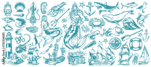 Underwater marine set monochrome elements