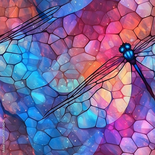 Splotched and painted with an array of colors. Tileable wallpaper, repeating seamless texture, pattern, crystal dragonfly wings, macro photography, ray tracing, unreal engine, delicate, eligant, subtl