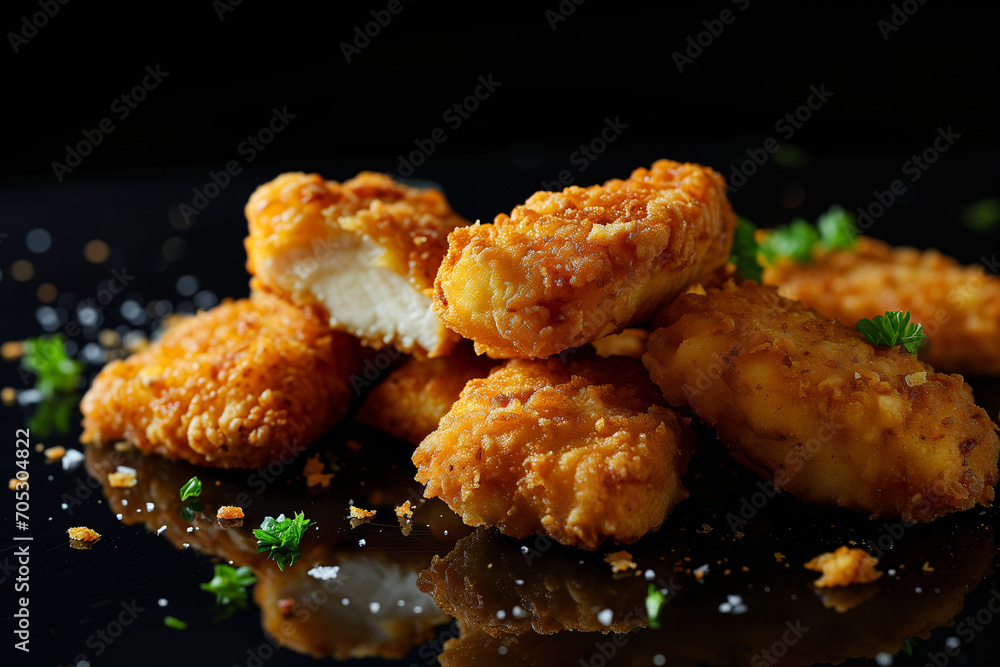 Close up freshly fried boneless chicken nuggets with black background Close up freshly fried boneless chicken nuggets with black background