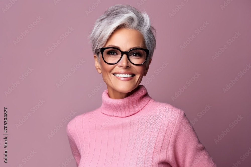 Portrait of smiling senior woman in eyeglasses and pink sweater.