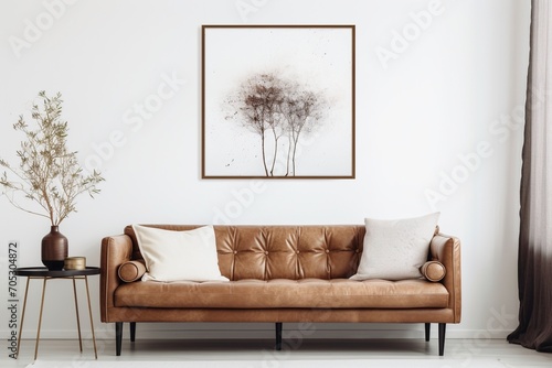 Minimalist living room interior with brown leather sofa and stylish home decor