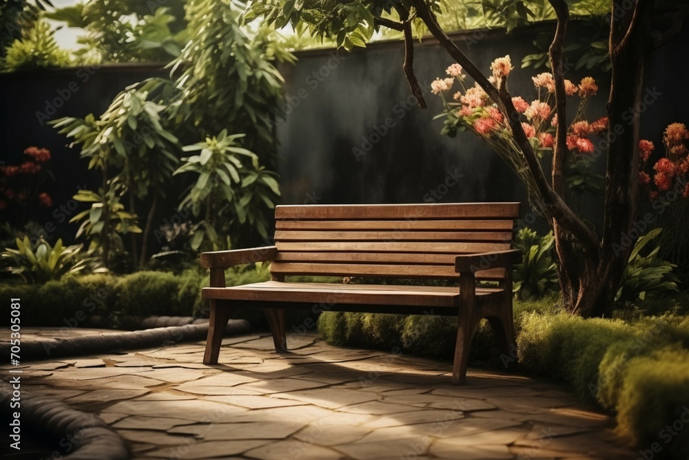 Relaxation oasis Wooden bench in backyard surrounded by natures beauty