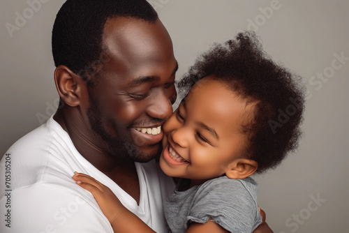 Black parent and child portrait, cuddling and smiling. Studio shot on gray background.