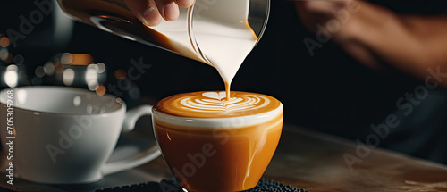 Barista Crafting a Perfect Latte Art on Freshly Brewed Coffee photo