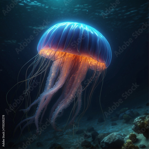 a large jellyfish that swims in the depths of the ocean, in its natural environment. © A_A88