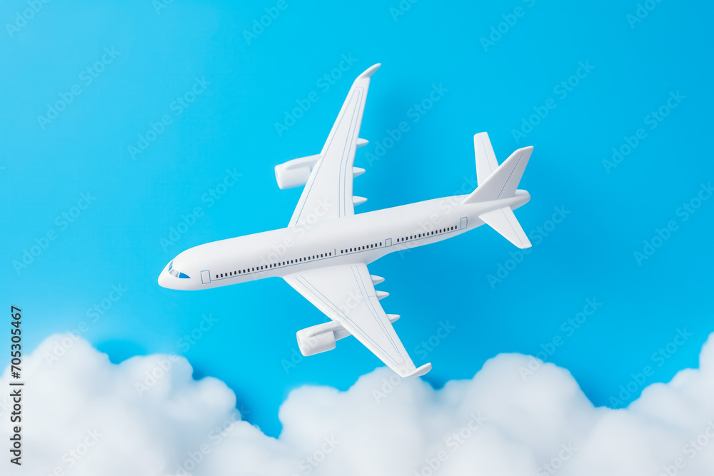 Flat lay design of travel concept with plane and cloud on blue background with copy space.