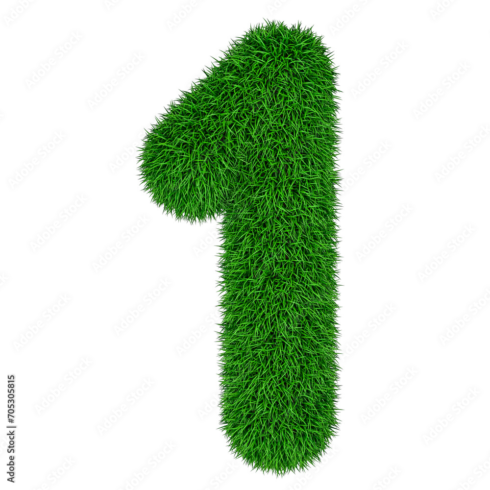 Number 1 from green grass, 3D rendering isolated on transparent background Number 1 from green grass, 3D rendering isolated on transparent background