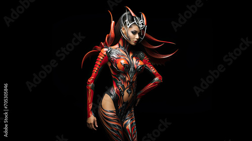 Futuristic Female Warrior in Red and Black Armor with Elegant Horned Helmet on a Dark Background