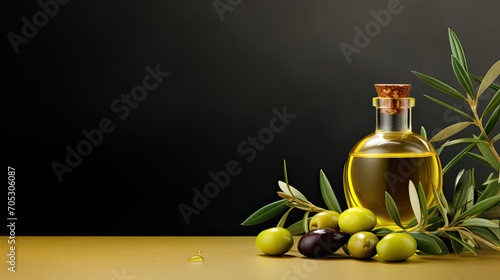 Olive Oil Bottle with Cork Top Surrounded by a Mix of Green and Black Olives photo