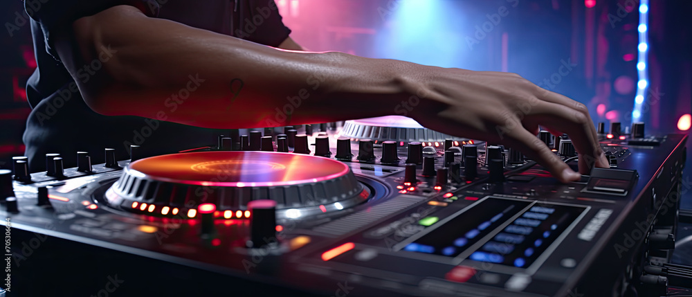 © Priessnitz Studio - DJ's Hand Fine-Tuning a Glowing Mixer Deck at a Nightclub © Priessnitz Studio - DJ's Hand Fine-Tuning a Glowing Mixer Deck at a Nightclub