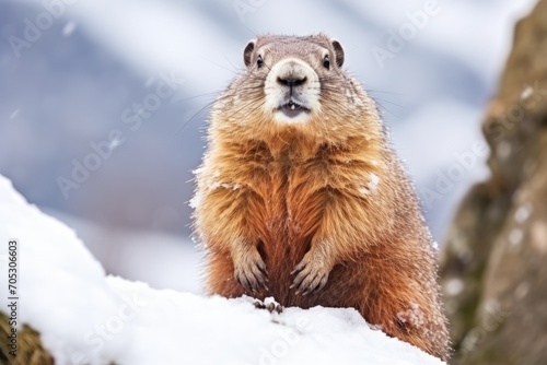 Close-up photograph captures a groundhog emerging from the snow, attentively observing its surroundings in a winter landscape.Groundhog Day. World Wildlife Day © dargog