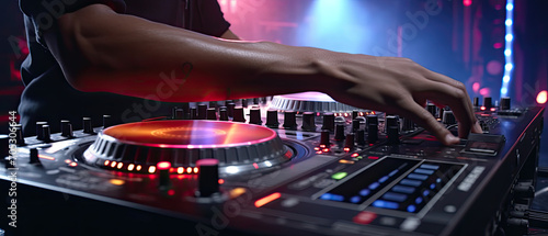 DJ's Hand Fine-Tuning a Glowing Mixer Deck at a Nightclub
