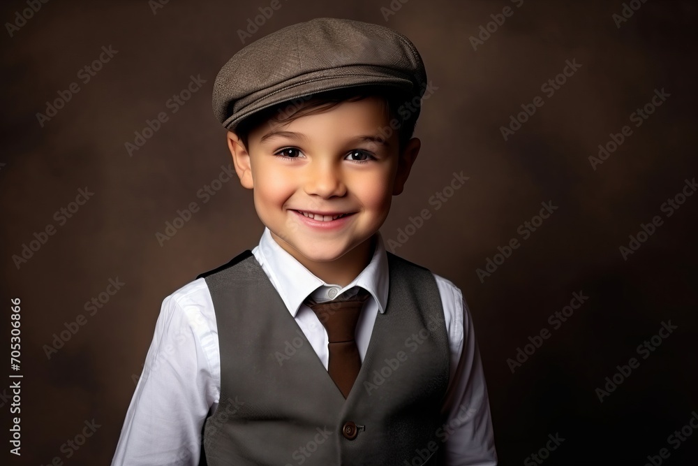 Portrait of a cute little boy in a cap and vest on a brown background Portrait of a cute little boy in a cap and vest on a brown background