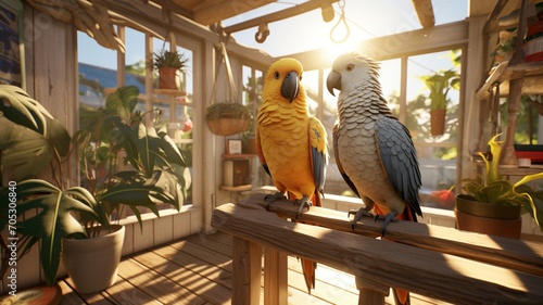 A pair of curious cockatiels perched on a wooden play gym, their vibrant feathers shining in natural sunlight. -Generative Ai
