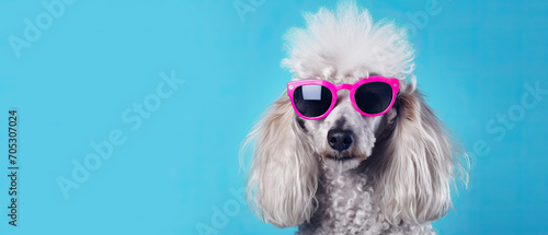 Poodle Wearing Pink Sunglasses on Blue Background © Priessnitz Studio