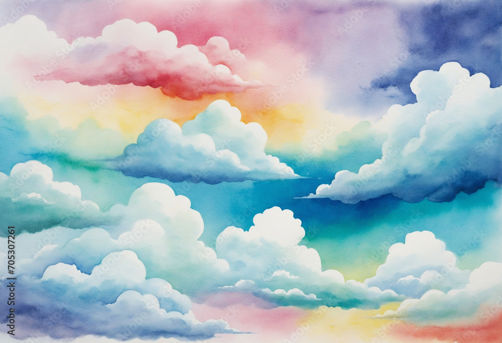 Rainbow watercolor background with clouds.