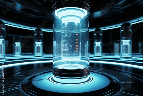 Future hibernation Cryonics capsules in glass tubes, 3D illustration scene photo