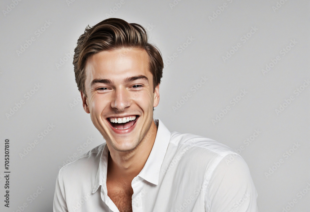 High quality portrait of a young, attractive Caucasian male model with impeccable teeth, laughing and smiling in a professional studio setting. Perfect for advertisements and web design. High quality portrait of a young, attractive Caucasian male model with impeccable teeth, laughing and smiling in a professional studio setting. Perfect for advertisements and web design.