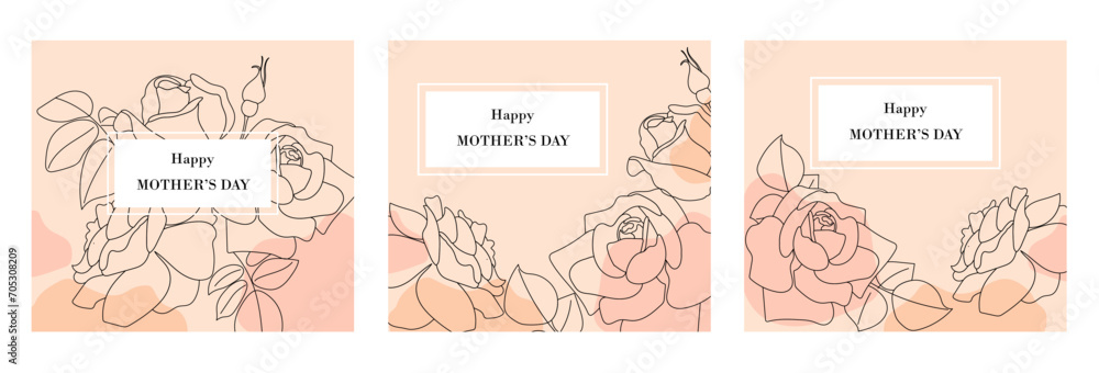 Happy Mother's Day greeting cards set with line art roses and organic shapes. Pastel background. Outline minimalist style vector illustration. Template for banner, landing, card, invitation.