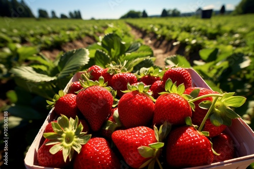 Harvest delight Fresh strawberries showcased in a vibrant field photo