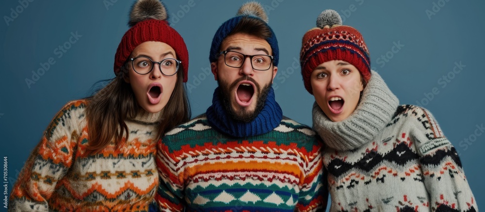 Three skeptical friends, surprised and sarcastic, wearing winter sweaters.