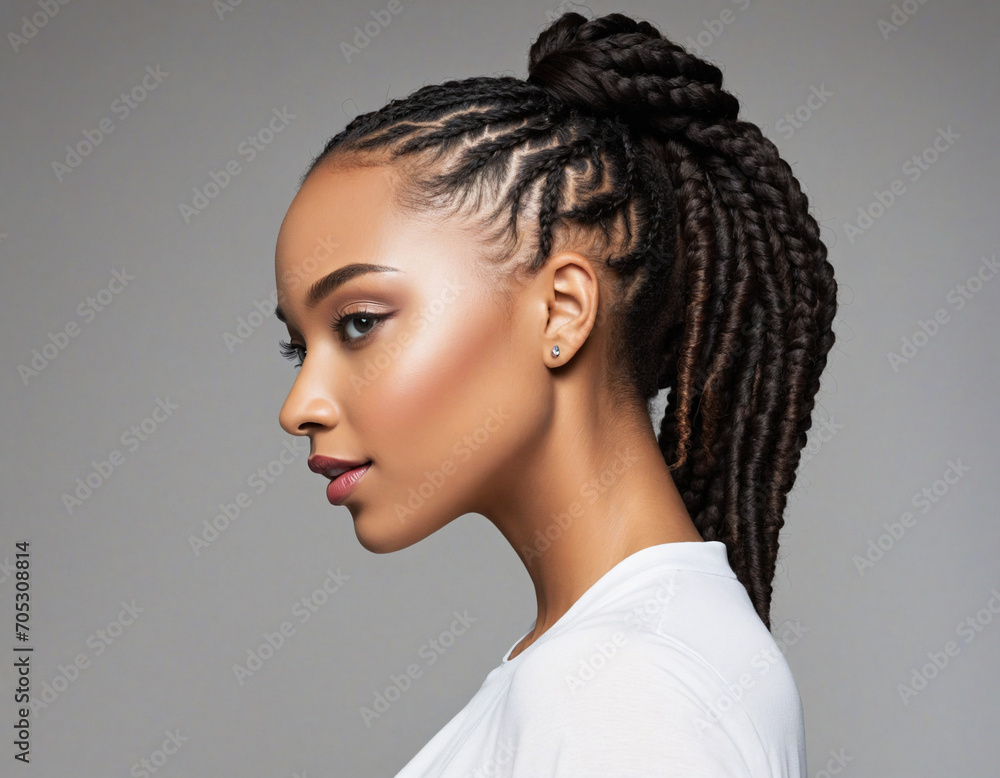 Captivating Image of Stunning African American Woman with Elegant Hairstyle, Flawless Features and Striking Profile, Against White Background. - obrazy, fototapety, plakaty 
