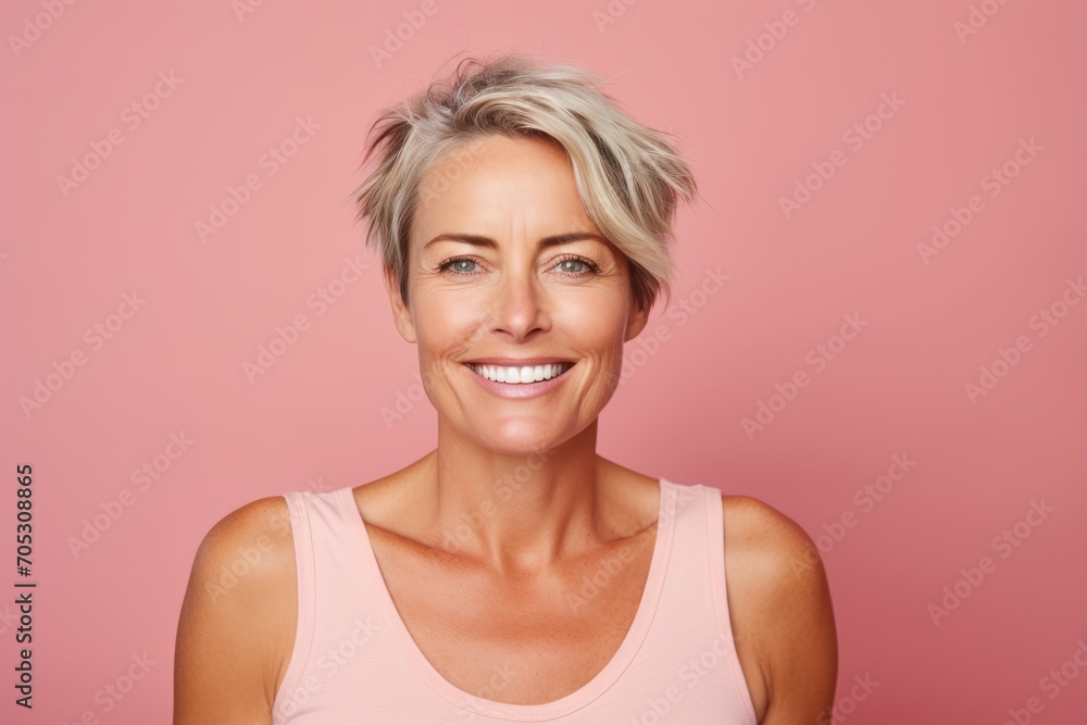 Portrait of a beautiful middle aged woman with short blond hair smiling at the camera against a pink background Portrait of a beautiful middle aged woman with short blond hair smiling at the camera against a pink background