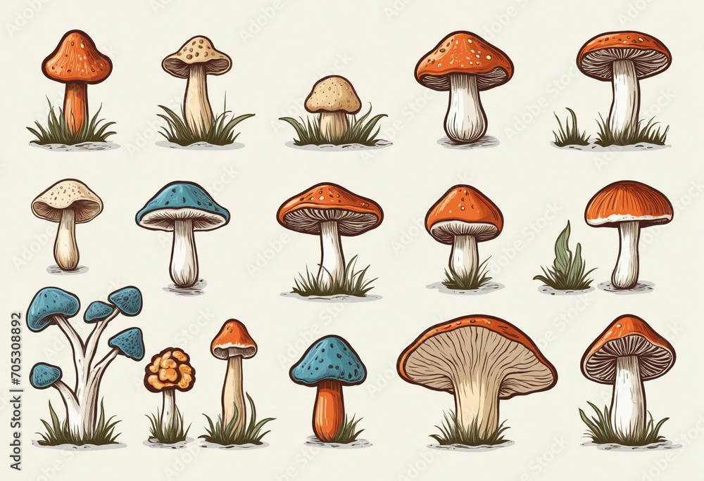 Hand-drawn pop-style mushroom icon illustrations - set of 10