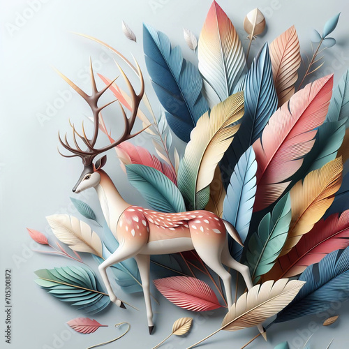 3d Art Render illustration, wallpaper design with florals and deer for photomural background. photo