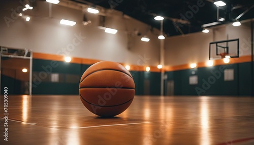 An indoor basketball court with an orange ball on an unmarked wooden floor under illuminated floodlights stock photoBasketball Sport Sports Court Backgrounds Basketball Competition photo