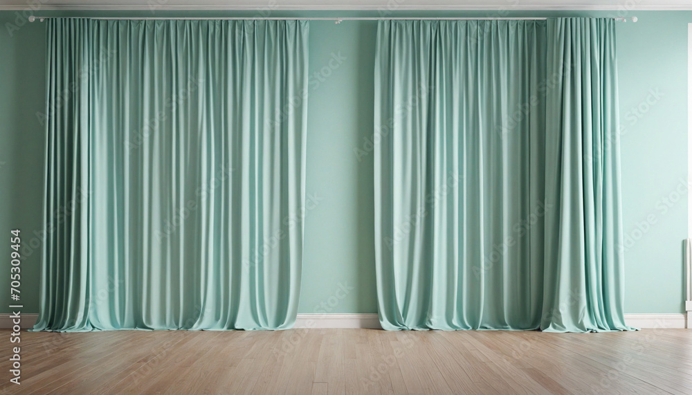 Pastel turquoise green empty wall with silk curtain drapes. Product presentation mock up. Interior design concept. 3D rendering. Pastel turquoise green empty wall with silk curtain drapes. Product presentation mock up. Interior design concept. 3D rendering.